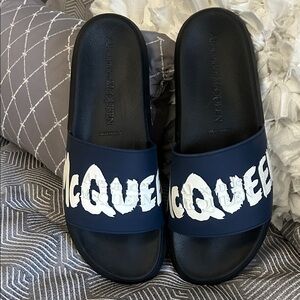 Alexander McQueen Dark Blue Slides with White Logo